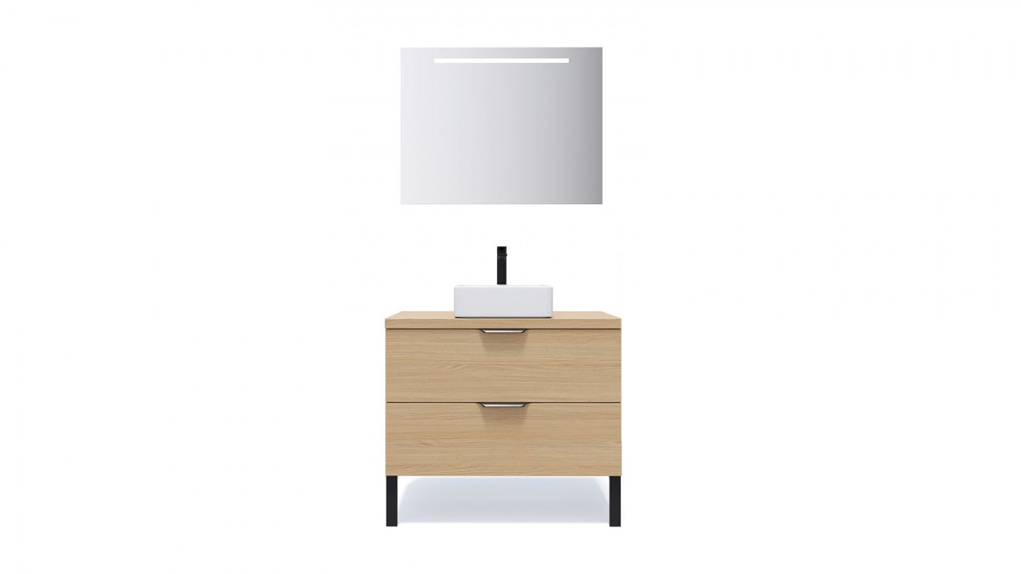 Meuble de salle de bain suspendu vasque à poser 90cm 2 tiroirs Chêne clair + miroir - Swing