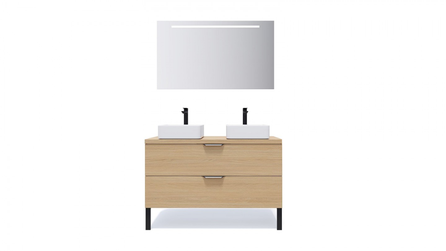 Meuble de salle de bain suspendu 2 vasques à poser 120cm 2 tiroirs Chêne clair + miroir - Swing
