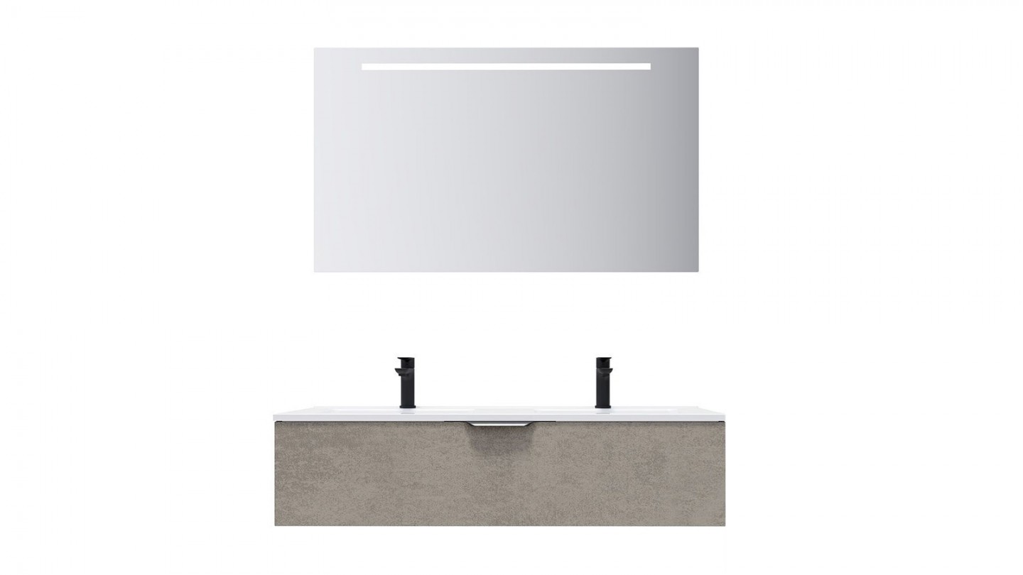 Meuble de salle de bain suspendu double vasque intégrée 120cm 1 tiroir façon Béton + miroir - Swing