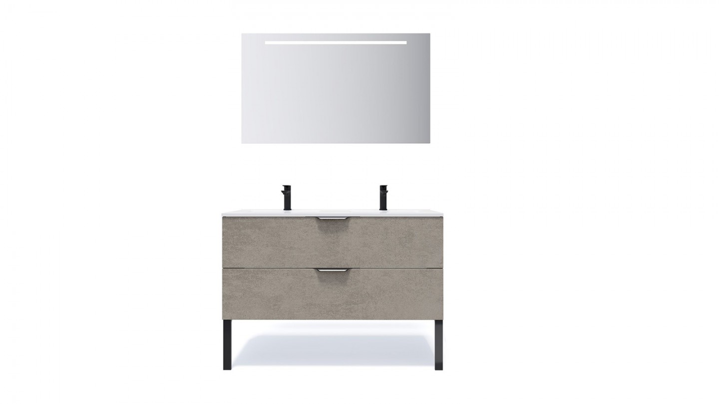 Meuble de salle de bain suspendu double vasque intégrée 120cm 2 tiroirs façon Béton + miroir - Swing
