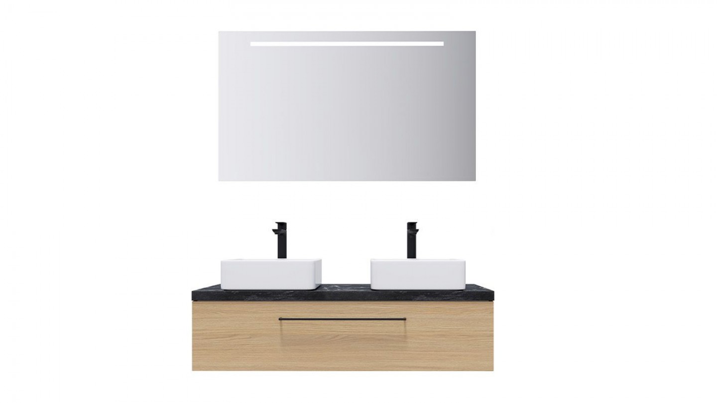 Meuble de salle de bain suspendu 2 vasques à poser 120cm 1 tiroir Chêne clair + miroir - Osmose