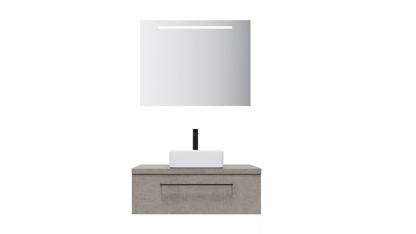 Meuble de salle de bain suspendu vasque à poser 90cm 1 tiroir façon Béton + miroir - Osmose