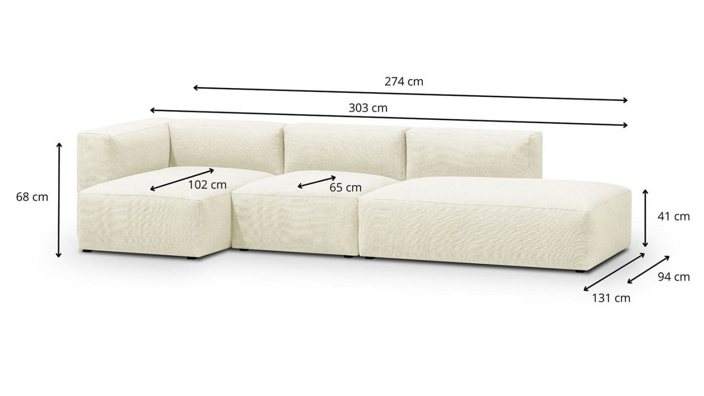 Canapé d'angle à gauche modulable avec méridienne 5 places en tissu ivoire - Modulo