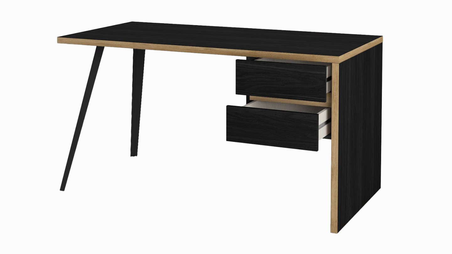 Bureau 2 tiroirs noir et effet bois 136 cm - Amanda