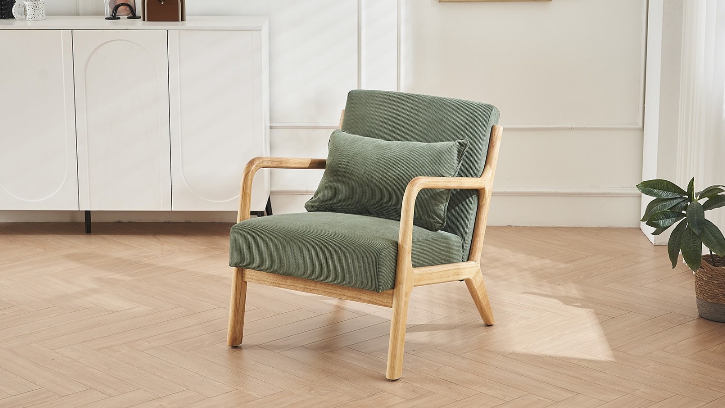 Fauteuil en bois et velours côtelé vert - Lanna