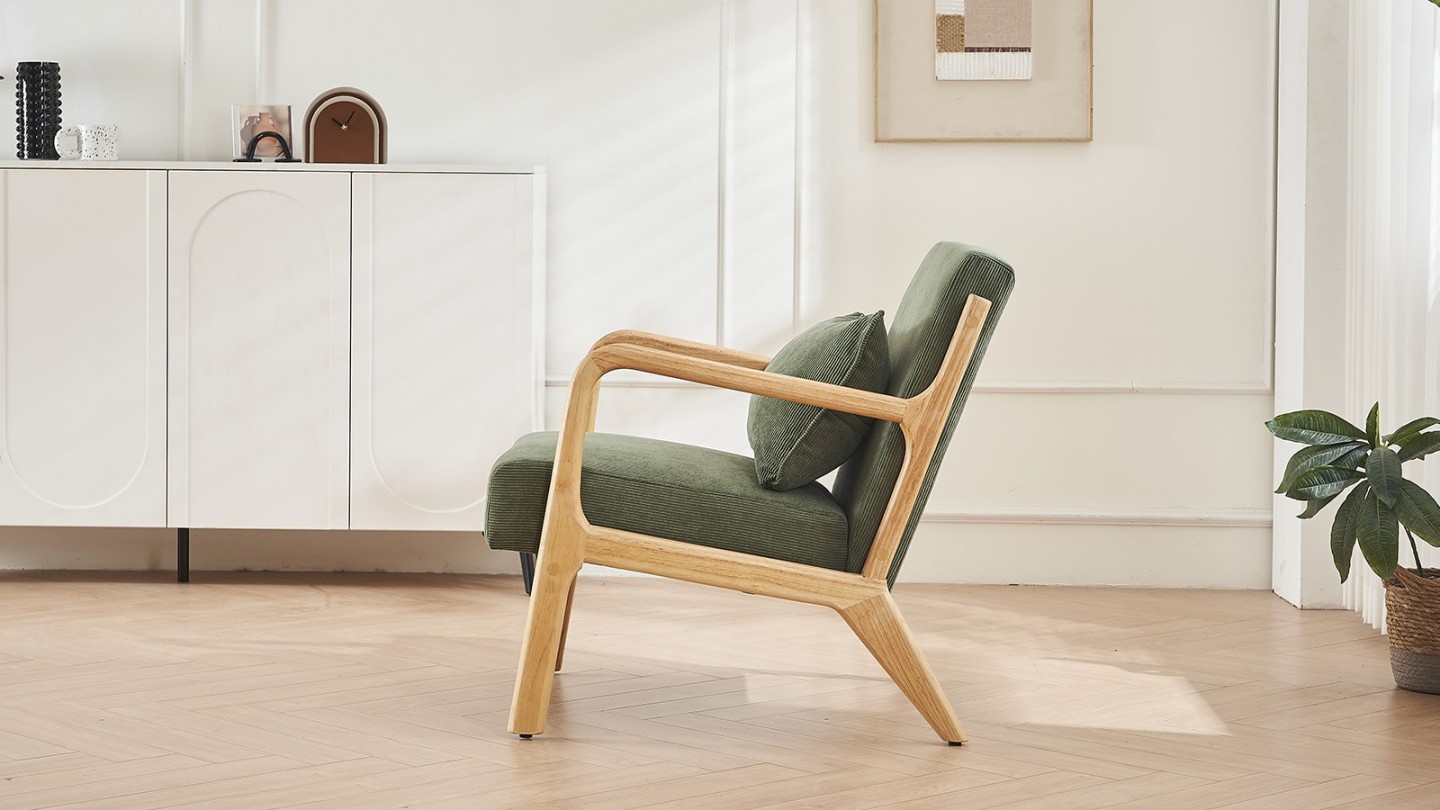 Fauteuil en bois et velours côtelé vert - Lanna