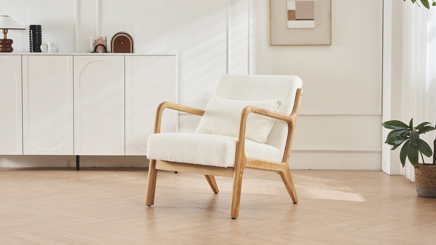 Fauteuil en bois et tissu bouclé écru - Lanna