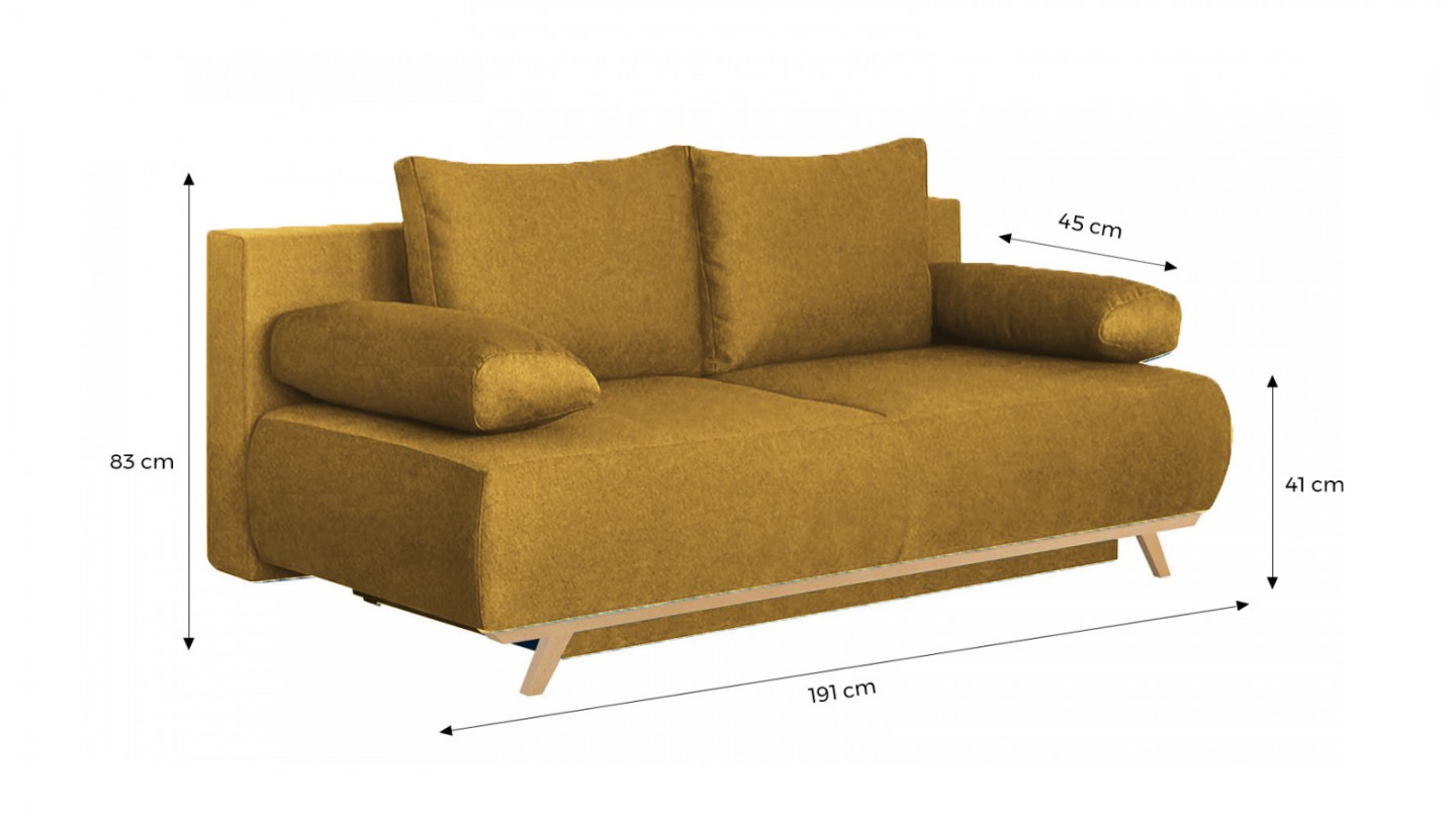 Canapé convertible 3 places avec coffre de rangement en tissu jaune moutarde - Laria New