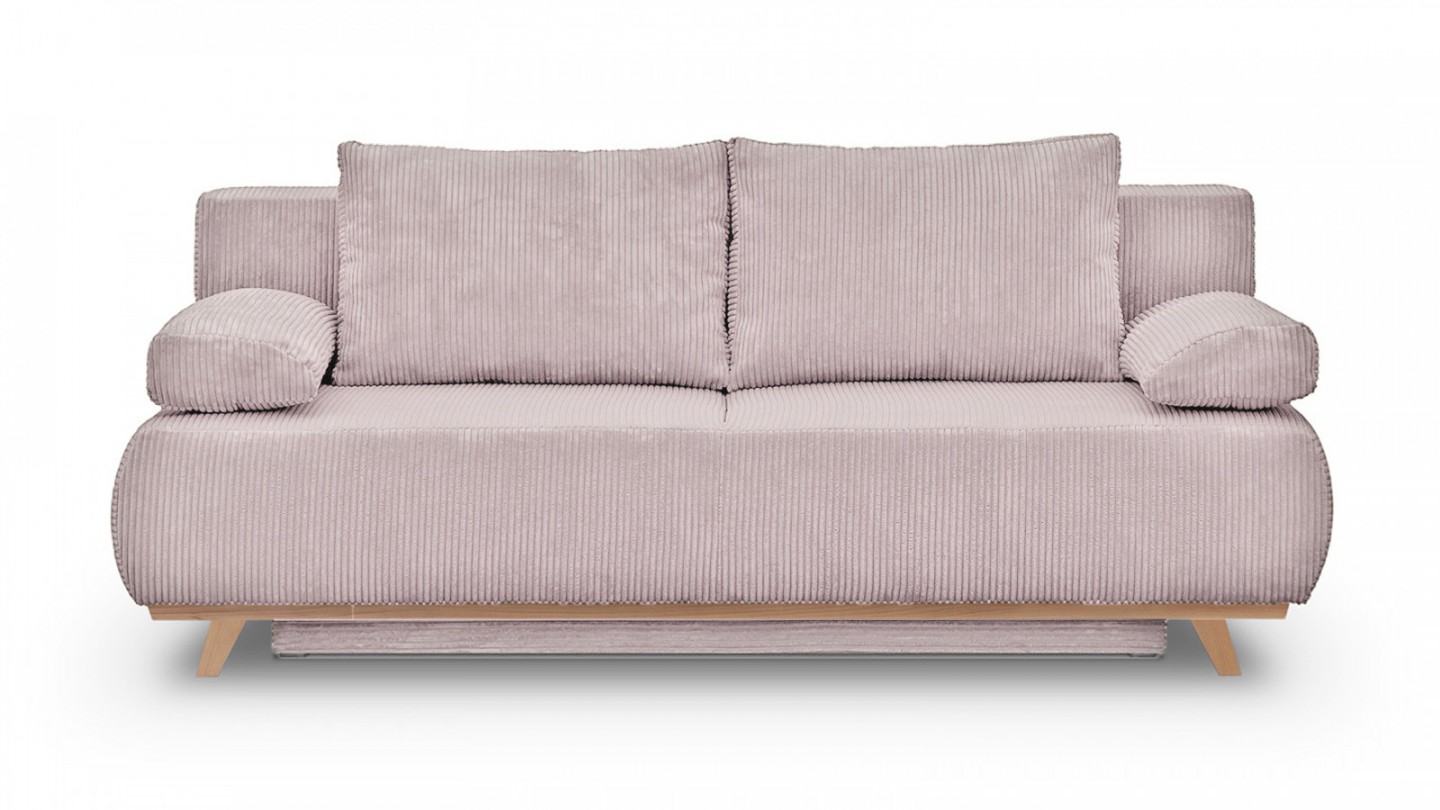 Canapé convertible 3 places avec coffre de rangement en velours côtelé rose pâle - Laria New