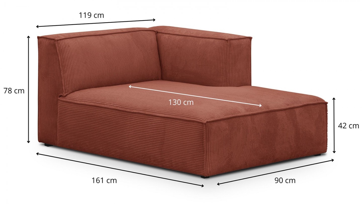 Méridienne d'angle à droite modulable en velours côtelé rouille - Rezia