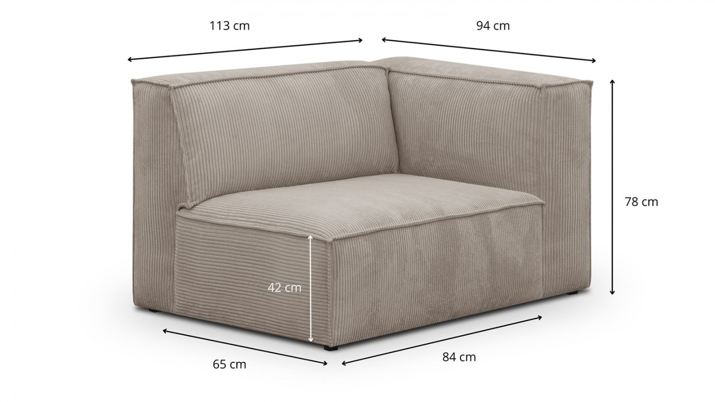 Chauffeuse d'angle à droite modulable en velours côtelé taupe - Rezia