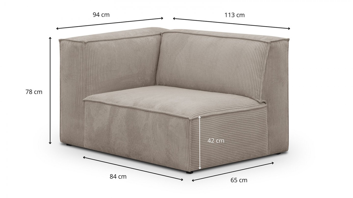 Chauffeuse d'angle à gauche modulable en velours côtelé taupe - Rezia