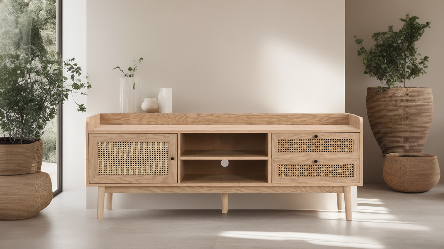 Meuble TV 1 porte 2 tiroirs en cannage naturel et placage chêne 160 cm - Eden