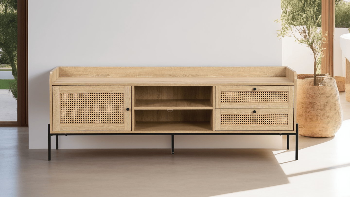 Meuble TV 1 porte 2 tiroirs en cannage naturel et effet chêne 160 cm - Iris