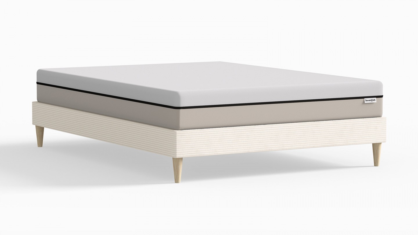 Ensemble lit adulte 140x190 cm en velours côtelé beige + Matelas Hybride à ressorts ensachés et mémoire de forme - Spring Elite