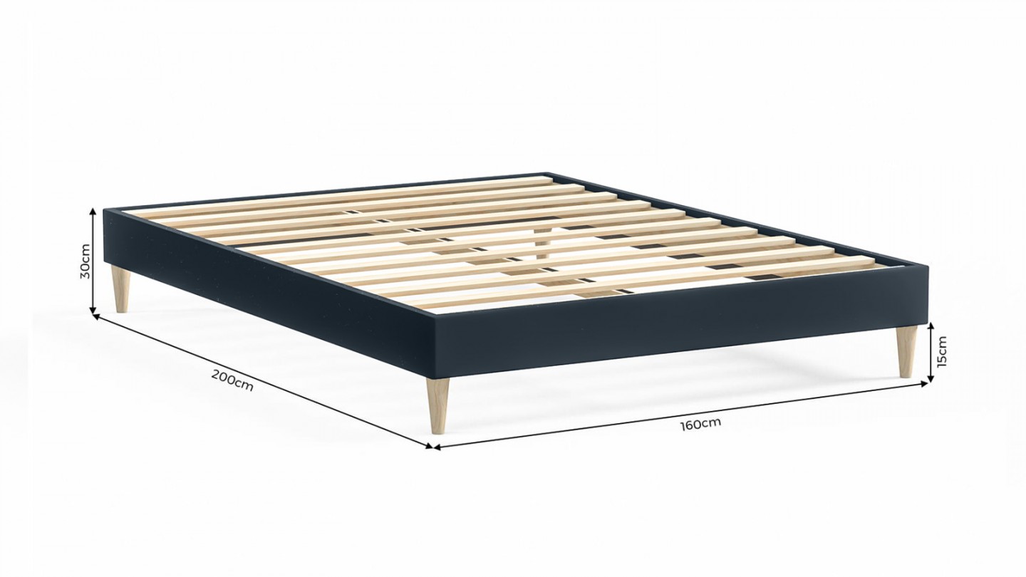 Ensemble lit adulte 140x190 cm en velours bleu nuit + Matelas Hybride à ressorts ensachés et mémoire de forme - Spring Elite