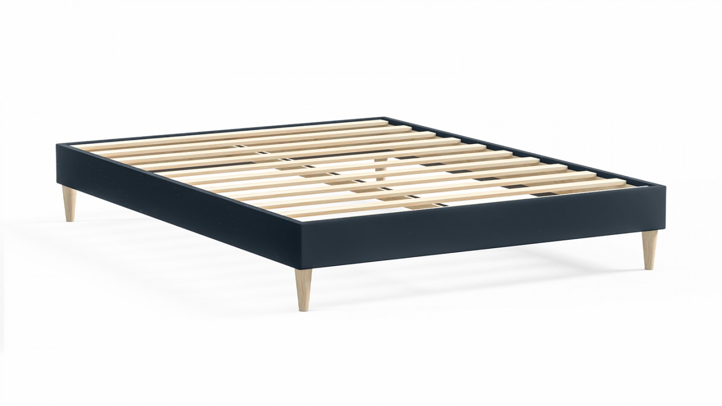 Ensemble lit adulte 140x190 cm en velours bleu nuit + Matelas Hybride à ressorts ensachés et mémoire de forme - Spring Elite