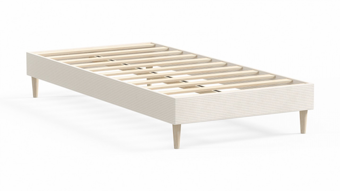 Ensemble lit adulte 90x190 cm en velours côtelé beige + Matelas Hybride à ressorts ensachés et mémoire de forme - Spring Elite