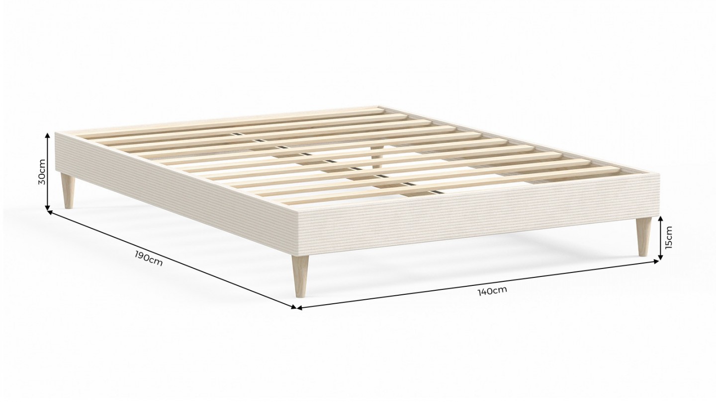 Ensemble lit adulte 140x190 cm en velours côtelé beige + Matelas mousse gel à mémoire de forme, double confort - Dual Confort