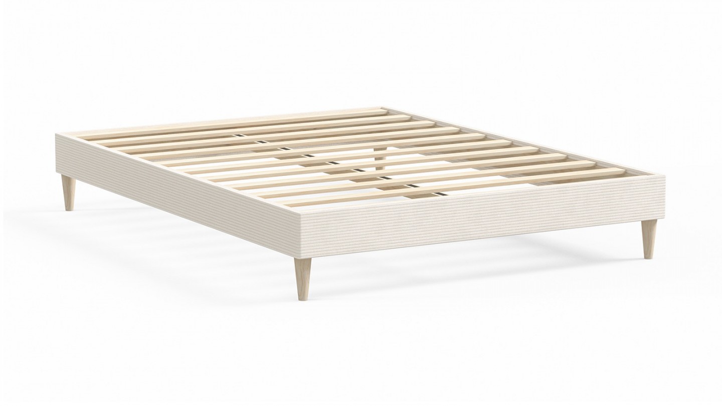 Ensemble lit adulte 160x200 cm en velours côtelé beige + Matelas mousse gel à mémoire de forme, double confort - Dual Confort