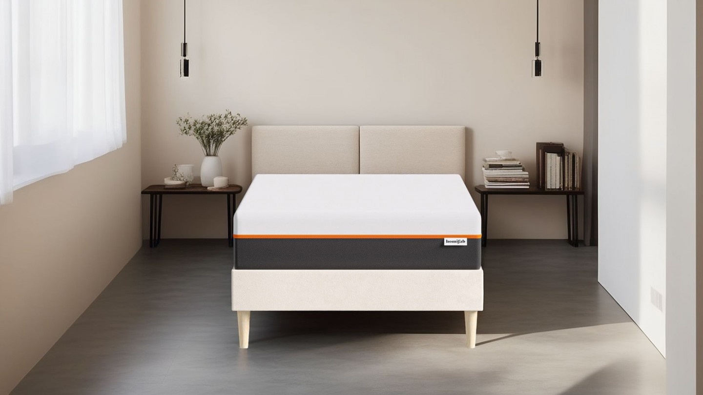 Ensemble lit adulte 90x190 cm en velours beige + Matelas mousse gel à mémoire de forme, double confort - Dual Confort