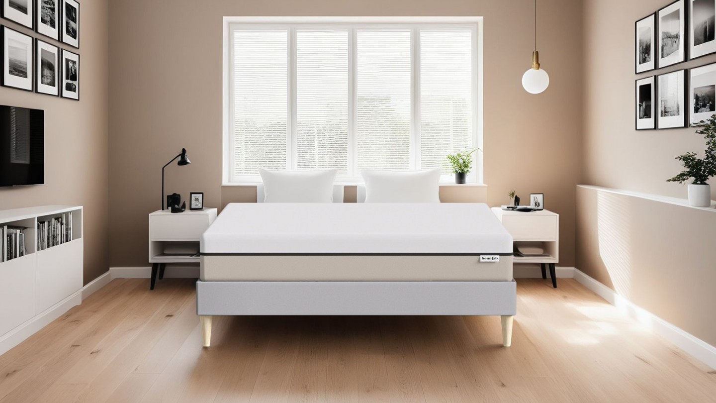 Ensemble lit adulte 180x200 cm en tissu gris clair + Matelas Hybride à ressorts ensachés et mémoire de forme - Spring Elite