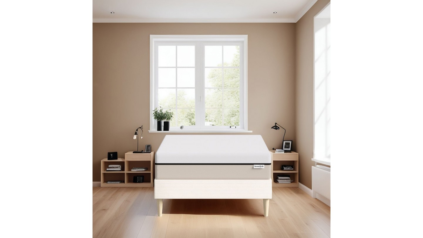 Ensemble lit adulte 90x190 cm en velours côtelé beige + Matelas Hybride à ressorts ensachés et mémoire de forme - Spring Elite