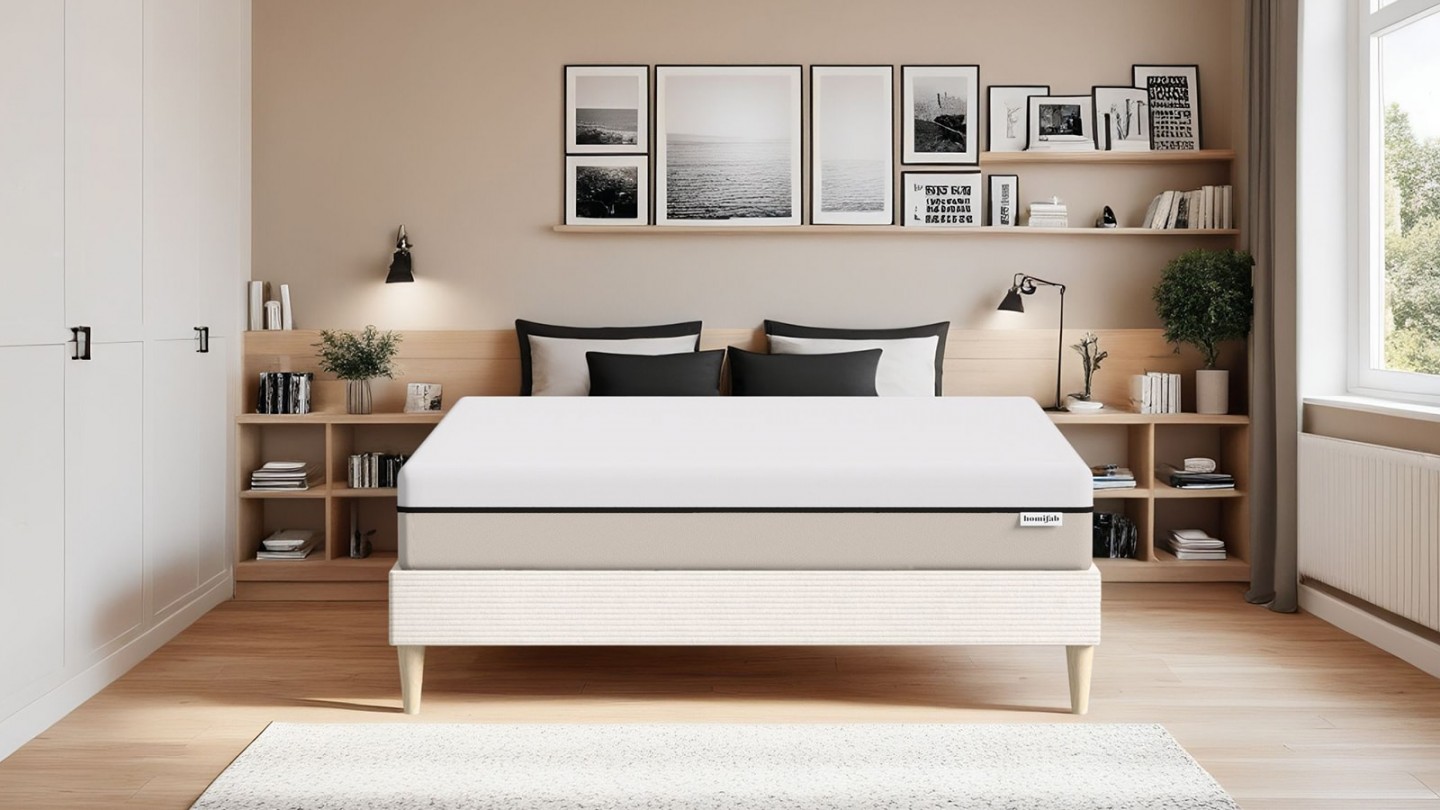 Ensemble lit adulte 180x200 cm en velours côtelé beige + Matelas Hybride à ressorts ensachés et mémoire de forme - Spring Elite