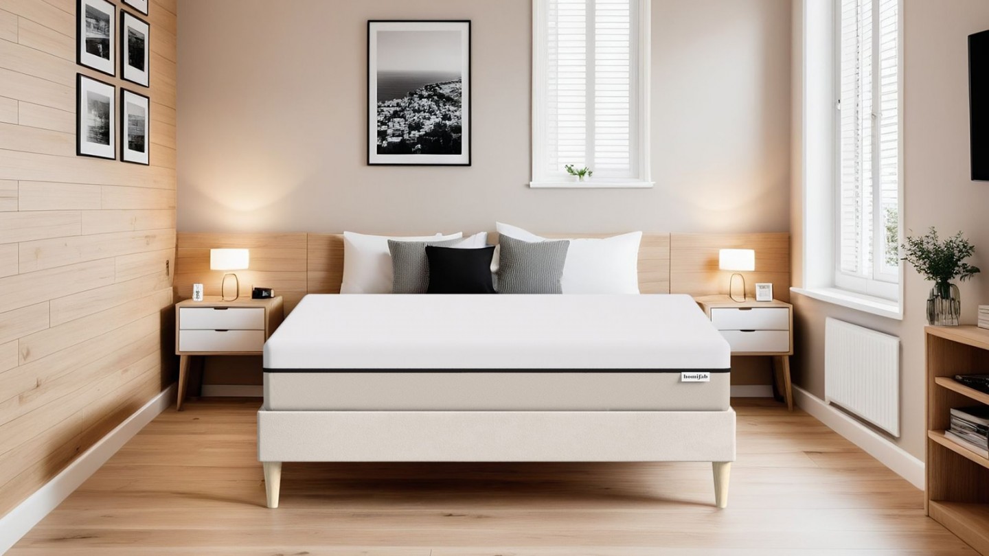 Ensemble lit adulte 140x190 cm en velours beige + Matelas Hybride à ressorts ensachés et mémoire de forme - Spring Elite