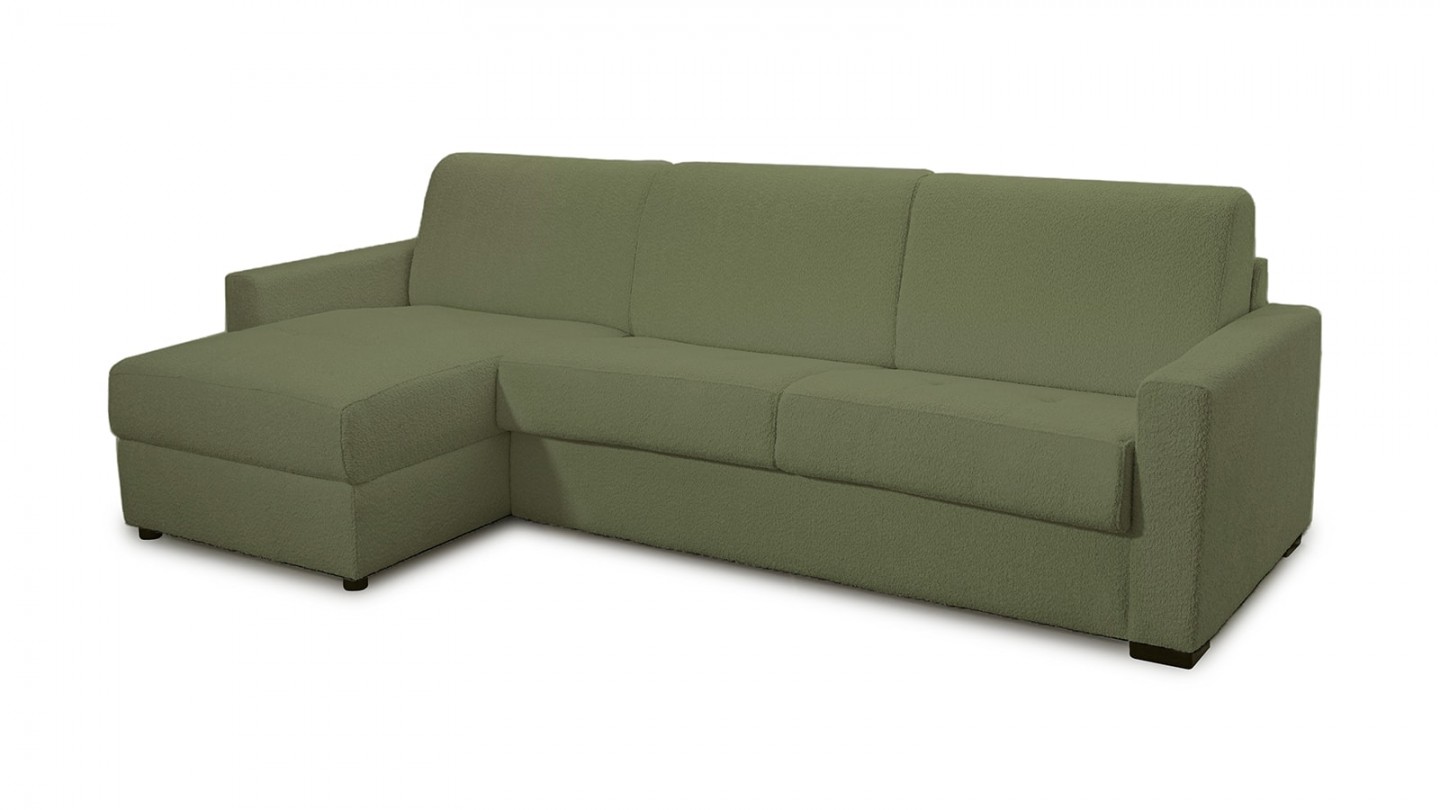 Canapé d'angle convertible réversible 5 places en tissu bouclette vert kaki - ouverture express - Paloma