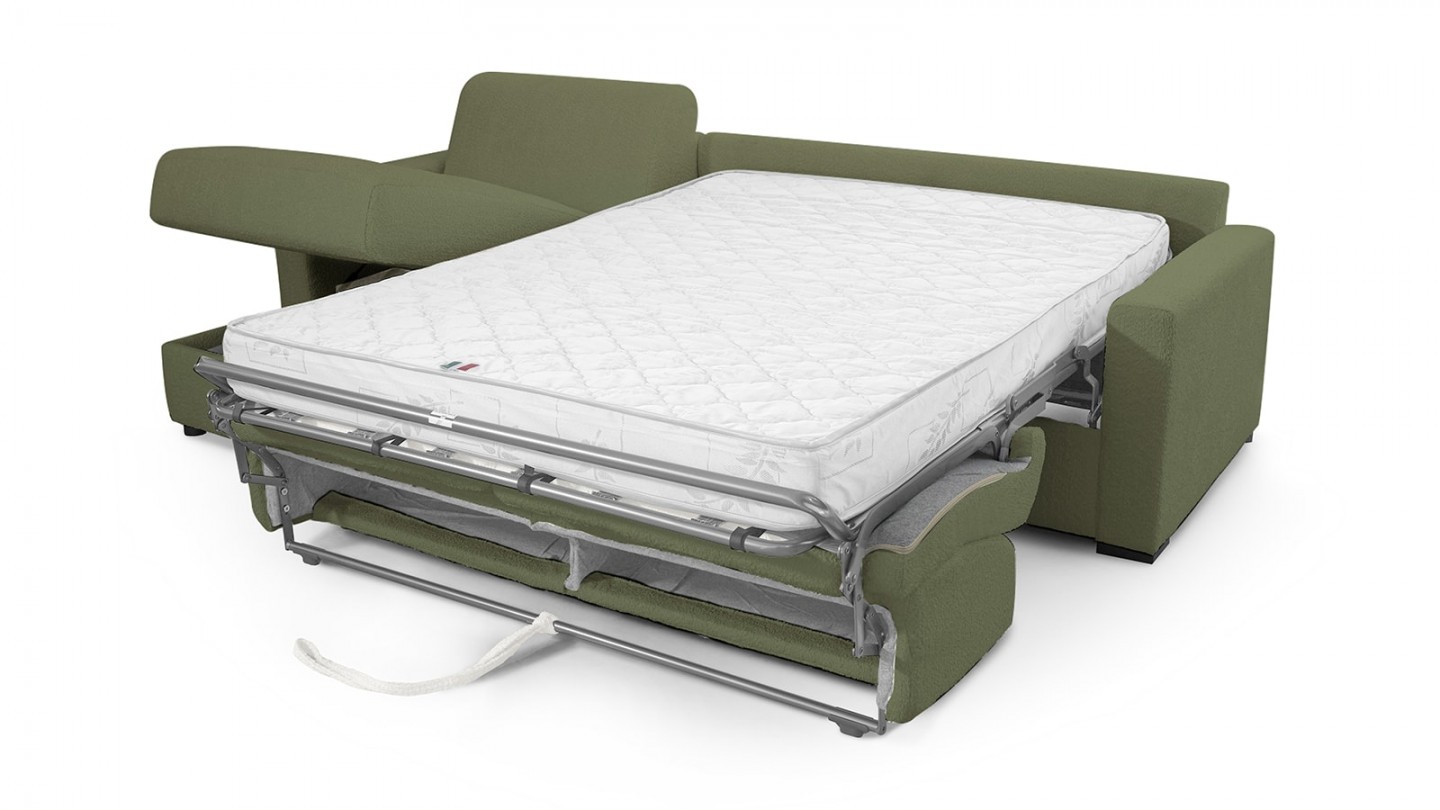 Canapé d'angle convertible réversible 5 places en tissu bouclette vert kaki - ouverture express - Paloma