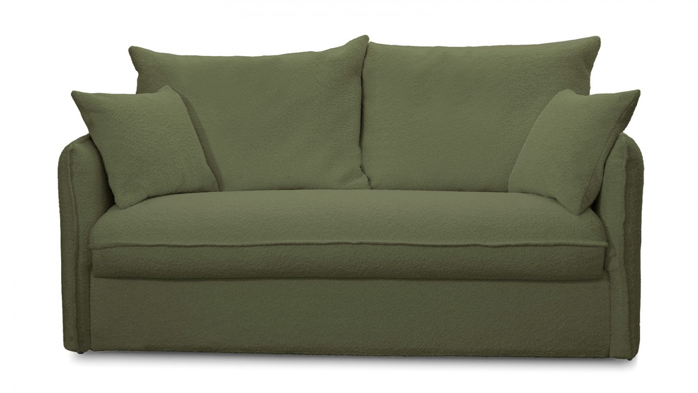 Canapé convertible 3 places en tissu bouclette vert kaki - ouverture express - Gina