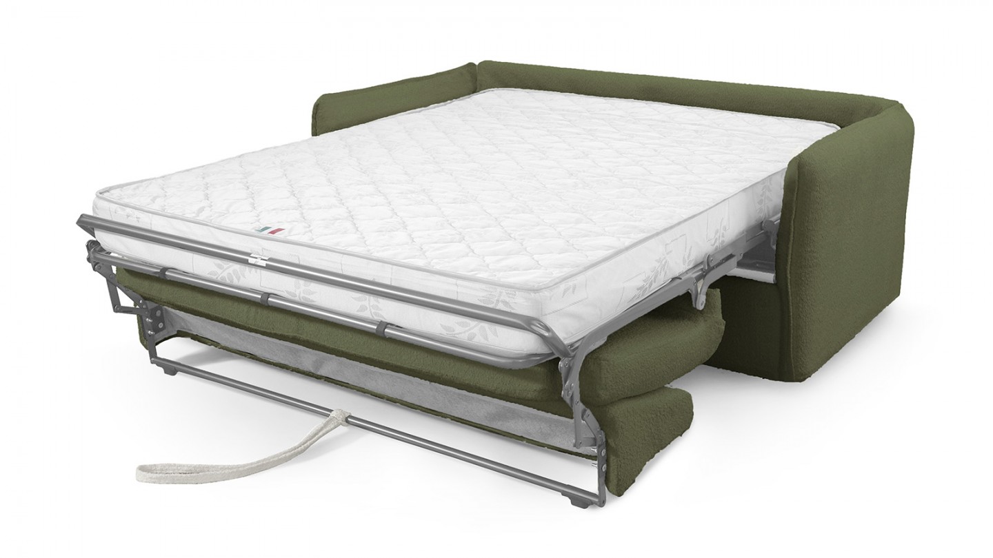 Canapé convertible 3 places en tissu bouclette vert kaki - ouverture express - Gina