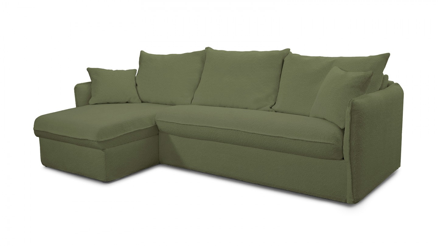 Canapé d'angle convertible réversible 5 places en tissu bouclette vert kaki - ouverture express - Gina