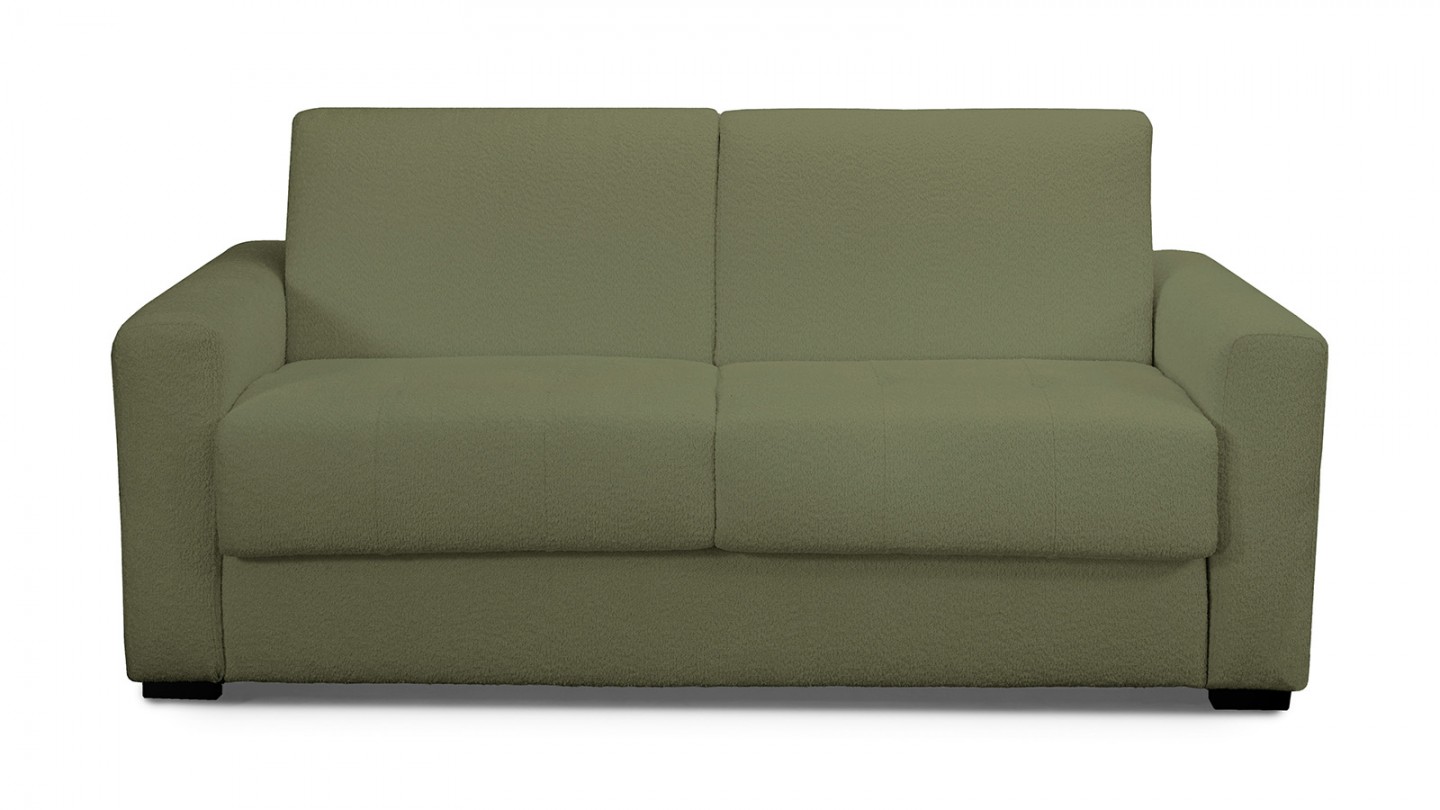 Canapé convertible 3 places en tissu bouclette vert kaki - ouverture express - Andrea