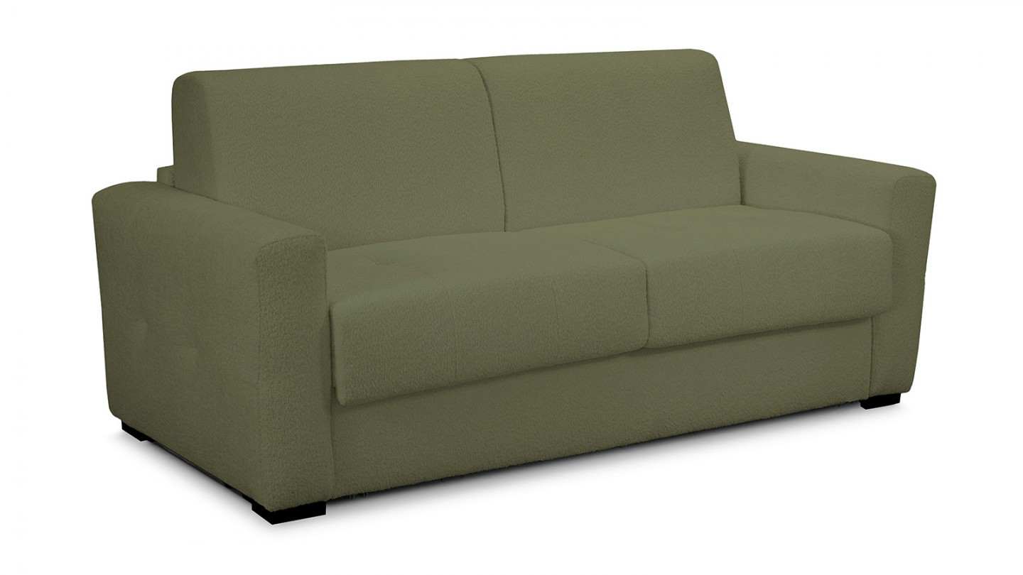 Canapé convertible 3 places en tissu bouclette vert kaki - ouverture express - Andrea