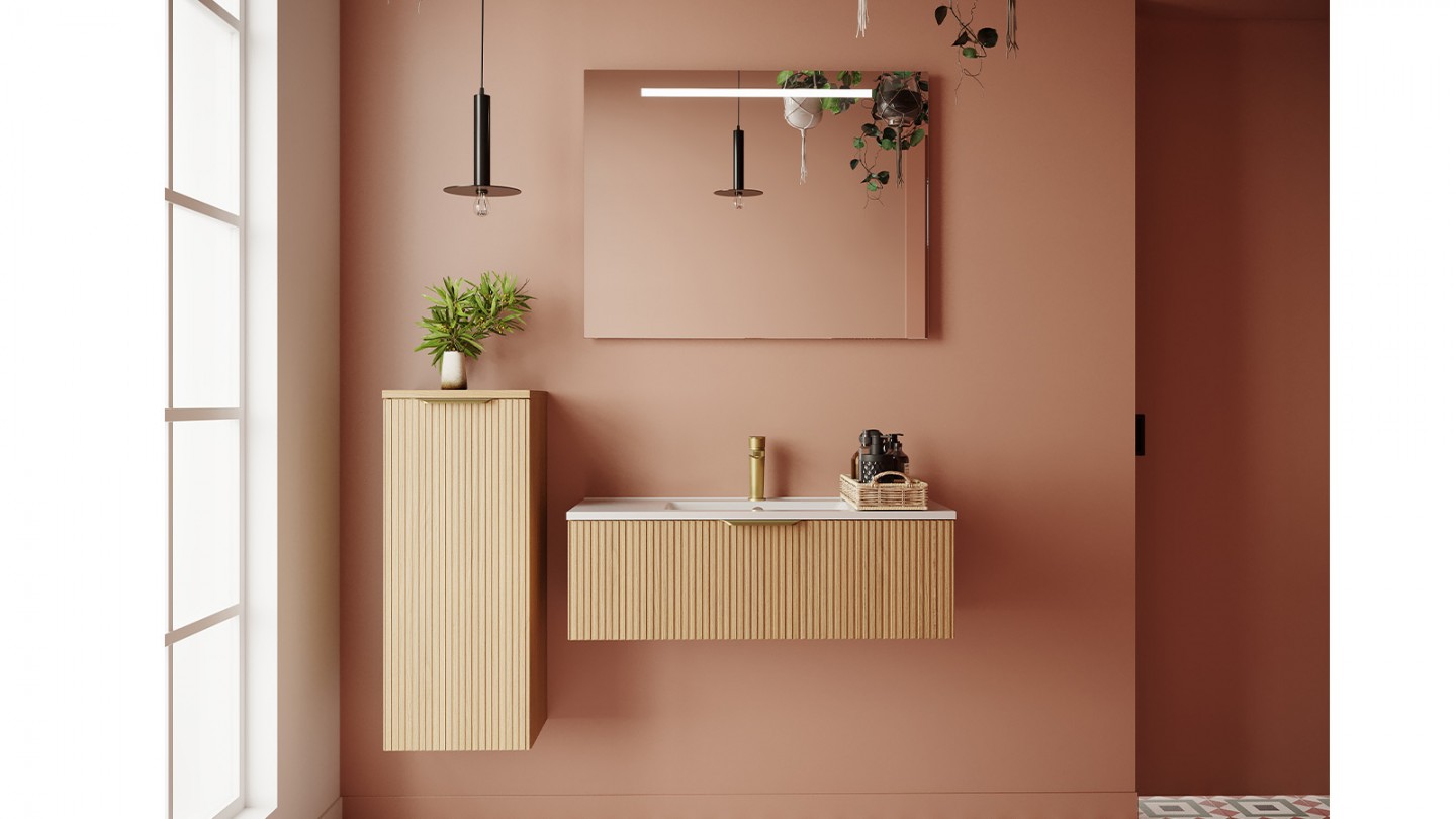 Meuble de salle de bain suspendu vasque intégrée 90cm 1 tiroir Chêne cannelé + miroir - Venice