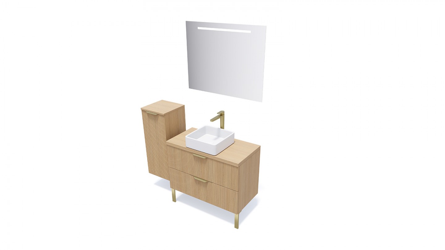 Meuble de salle de bain suspendu vasque à poser 90cm 2 tiroirs Chêne cannelé + miroir + colonne ouverture gauche - Venice