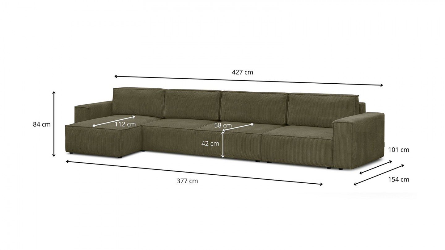 Canapé d'angle modulable convertible 7 places avec coffre de rangement en velours côtelé vert kaki - Harper Mod