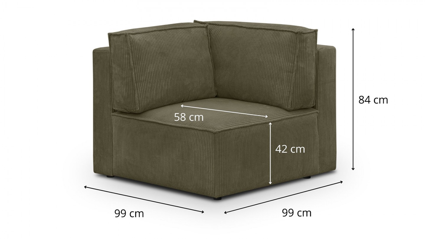 Canapé d'angle à droite convertible modulable 10 places avec coffre de rangement en velours côtelé vert kaki - Harper Mod