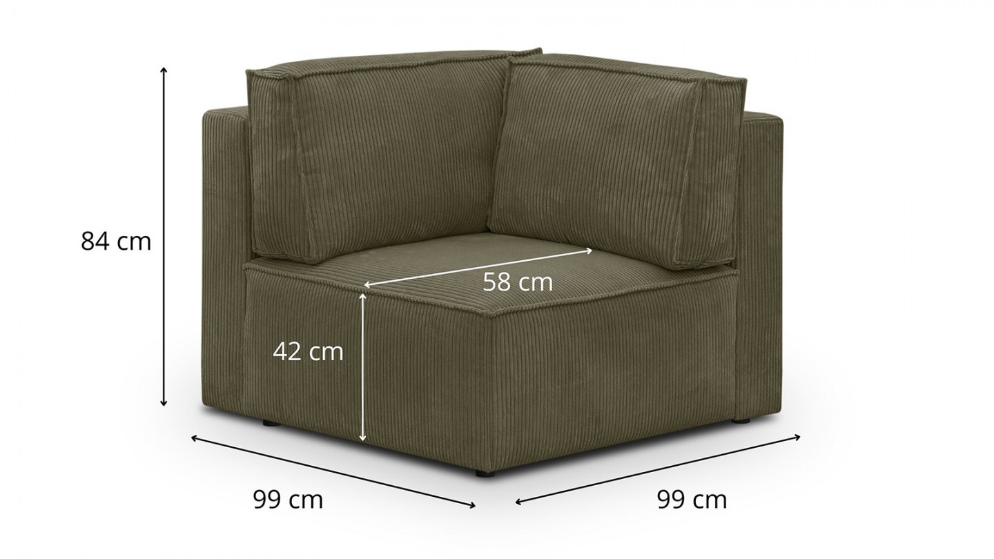 Canapé d'angle à gauche panoramique convertible modulable 8 places avec pouf en velours côtelé vert kaki - Harper Mod