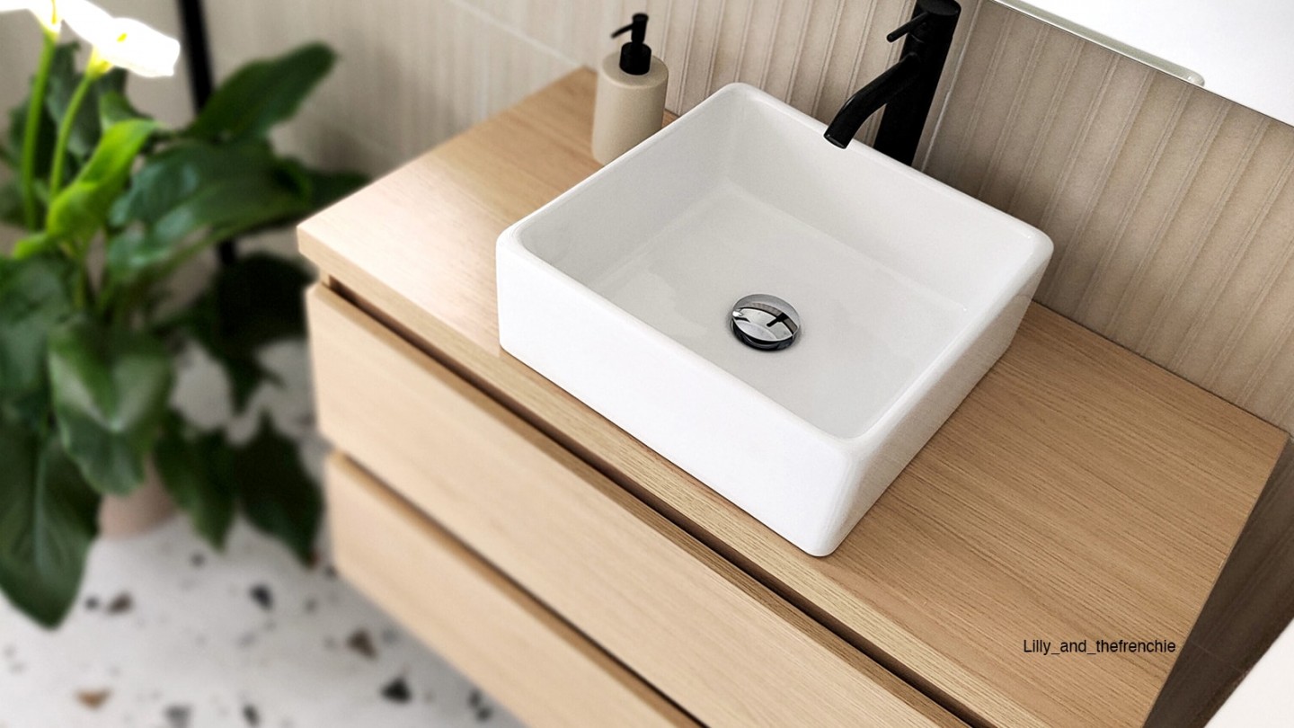 Meuble de salle de bain suspendu vasque à poser 90cm 2 tiroirs Chêne clair - Rivage