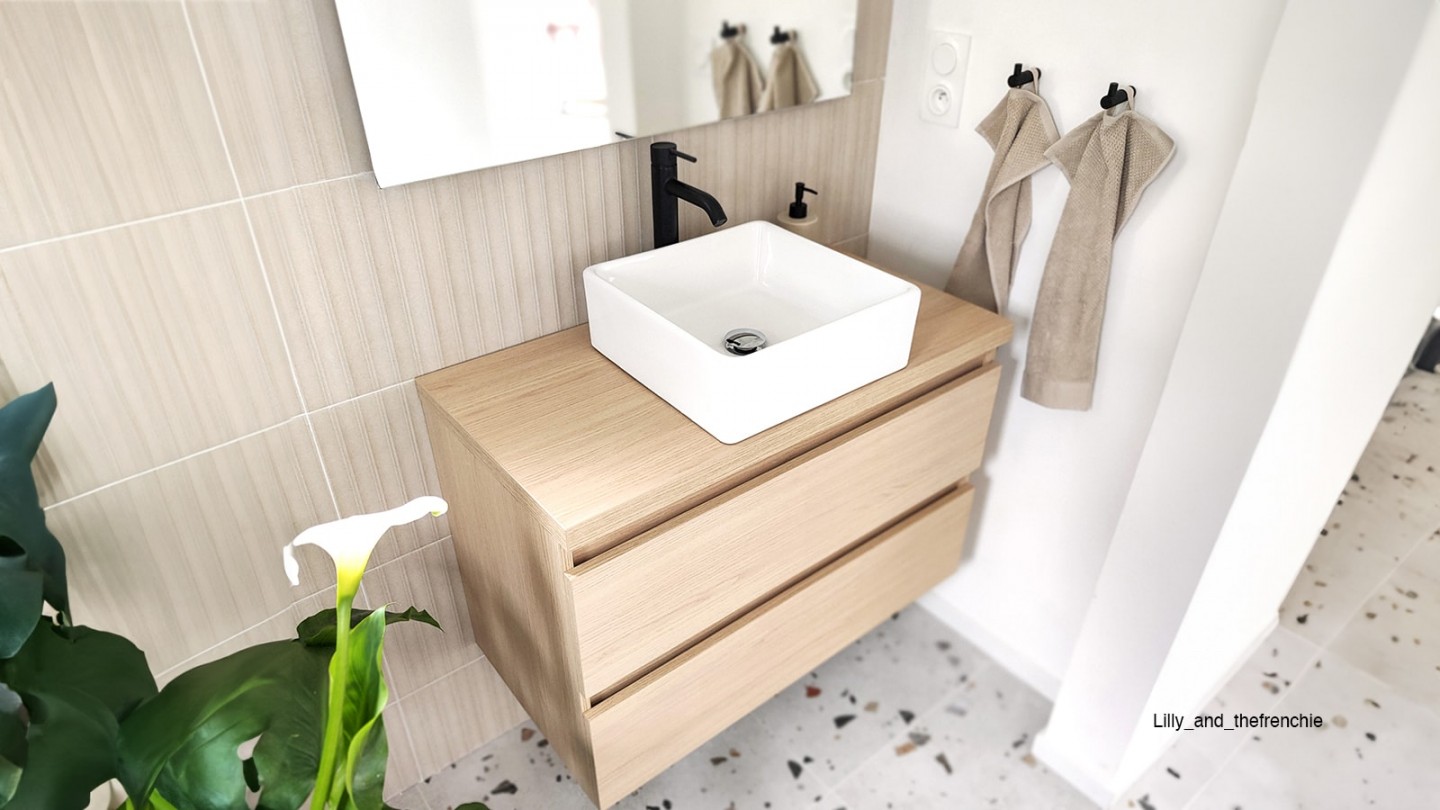Meuble de salle de bain suspendu vasque à poser 90cm 2 tiroirs Chêne clair - Rivage
