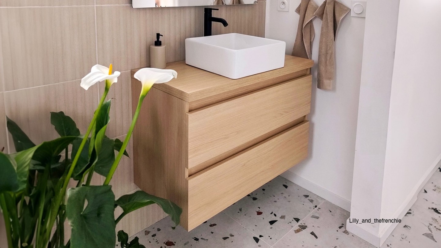 Meuble de salle de bain suspendu vasque à poser 90cm 2 tiroirs Chêne clair - Rivage
