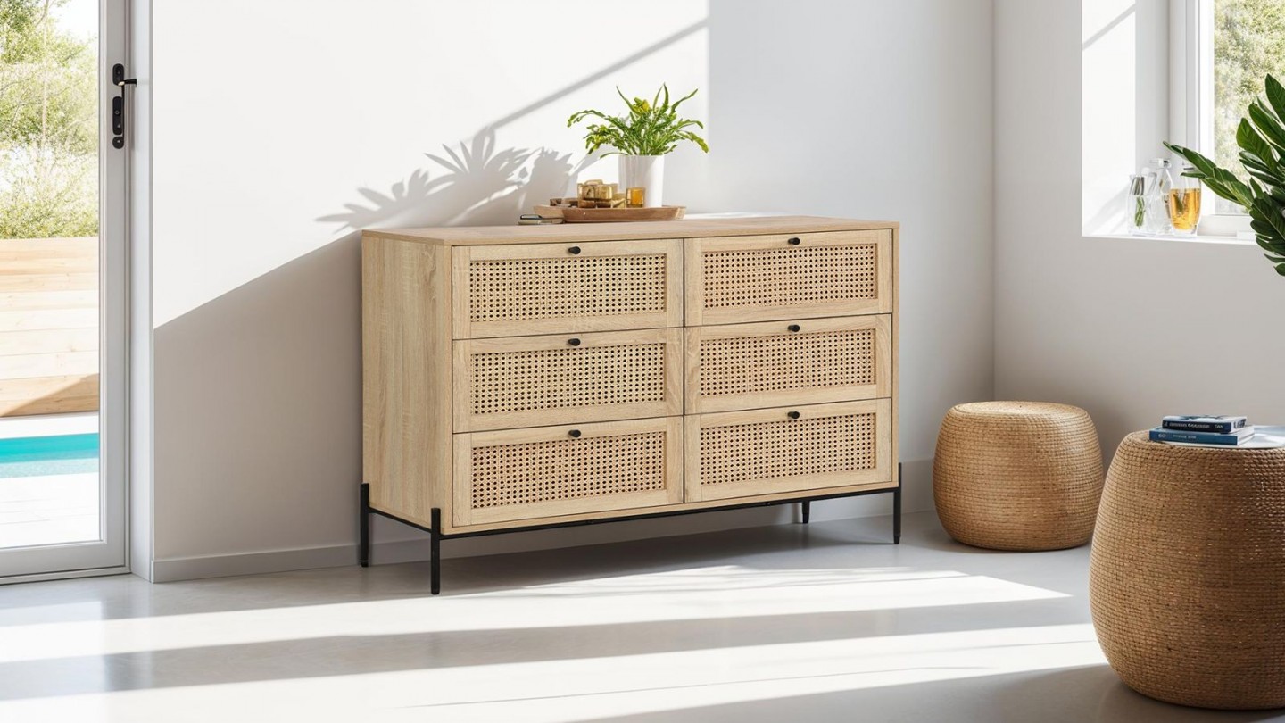 Commode 6 tiroirs en cannage naturel et effet chêne 120 cm - Iris