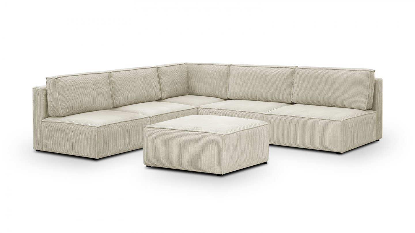 Canapé d'angle à gauche modulable 8 places avec pouf en velours côtelé beige - Harper Mod