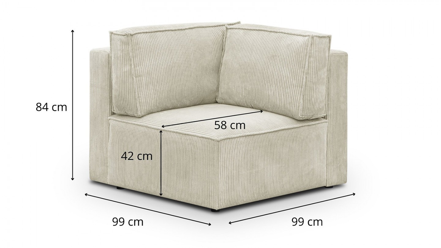 Canapé d'angle à droite panoramique convertible modulable 8 places avec pouf en velours côtelé beige - Harper Mod