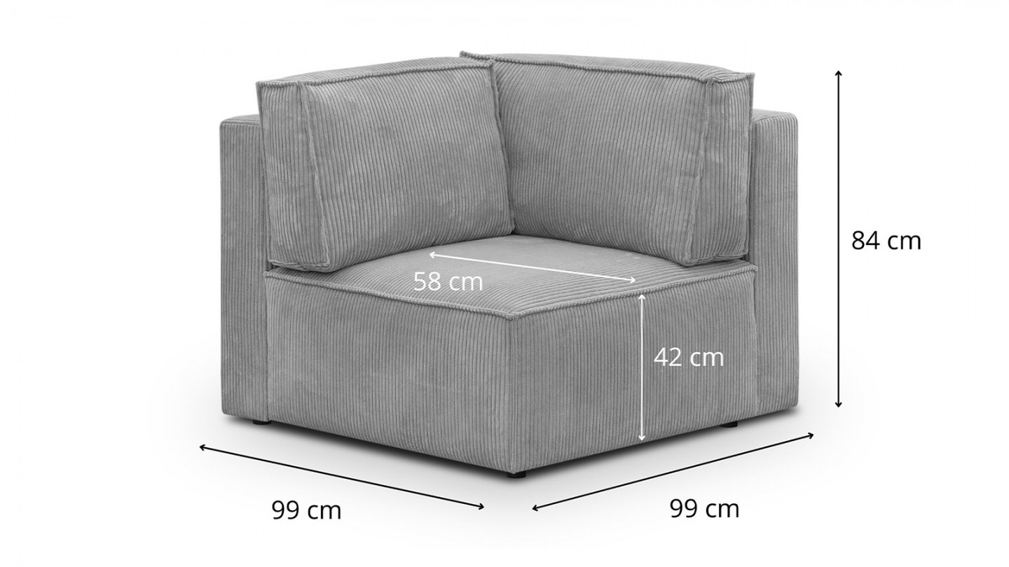 Canapé d'angle à droite panoramique convertible modulable 8 places avec 2 poufs en velours côtelé gris clair - Harper Mod