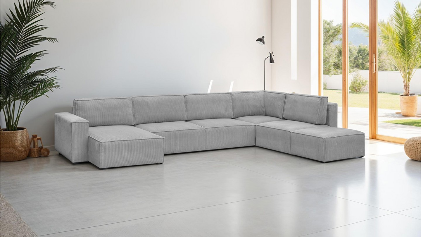 Canapé d'angle à droite panoramique convertible modulable 8 places avec pouf en velours côtelé gris clair - Harper Mod