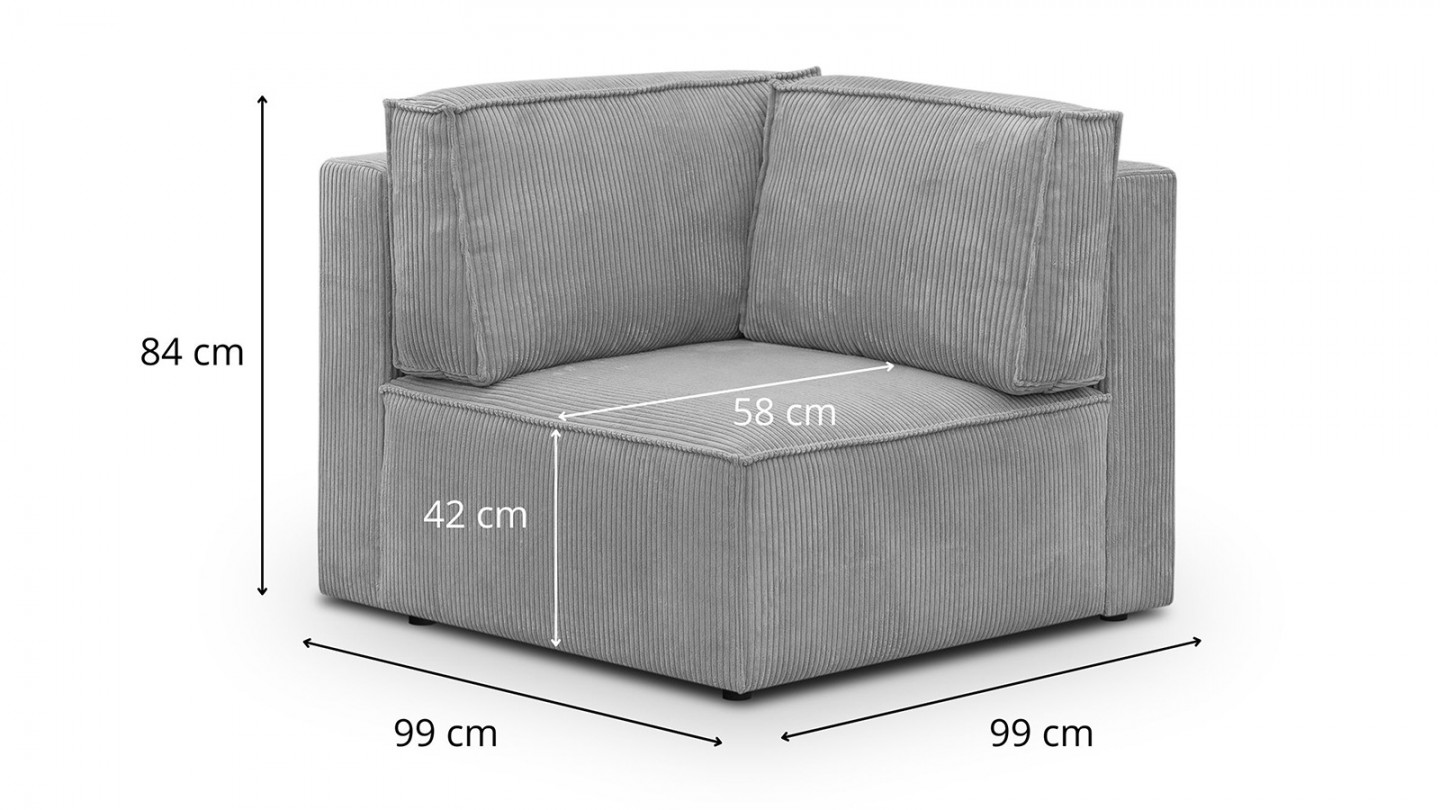 Canapé d'angle à droite panoramique convertible modulable 8 places avec pouf en velours côtelé gris clair - Harper Mod